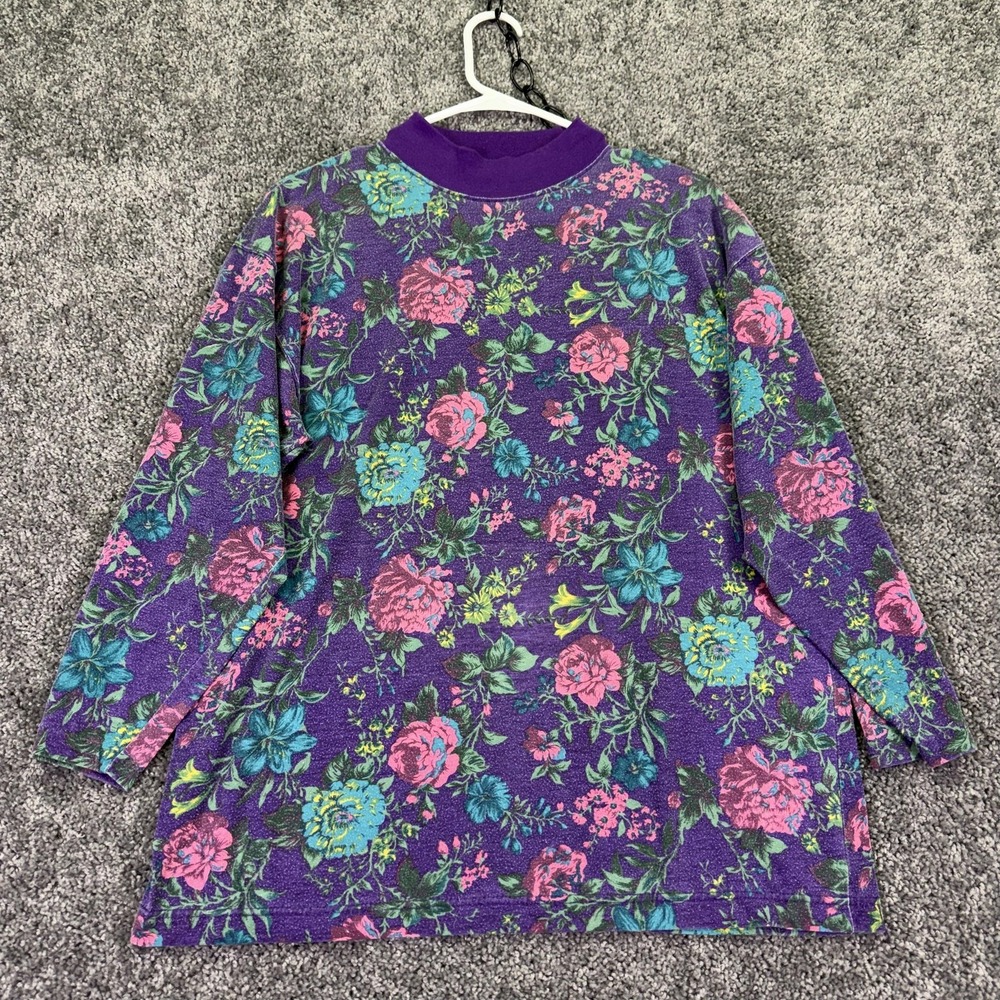 Vintage Gitano Shirt Womens Large Multicolor Floral Mock Neck Tunic 90s